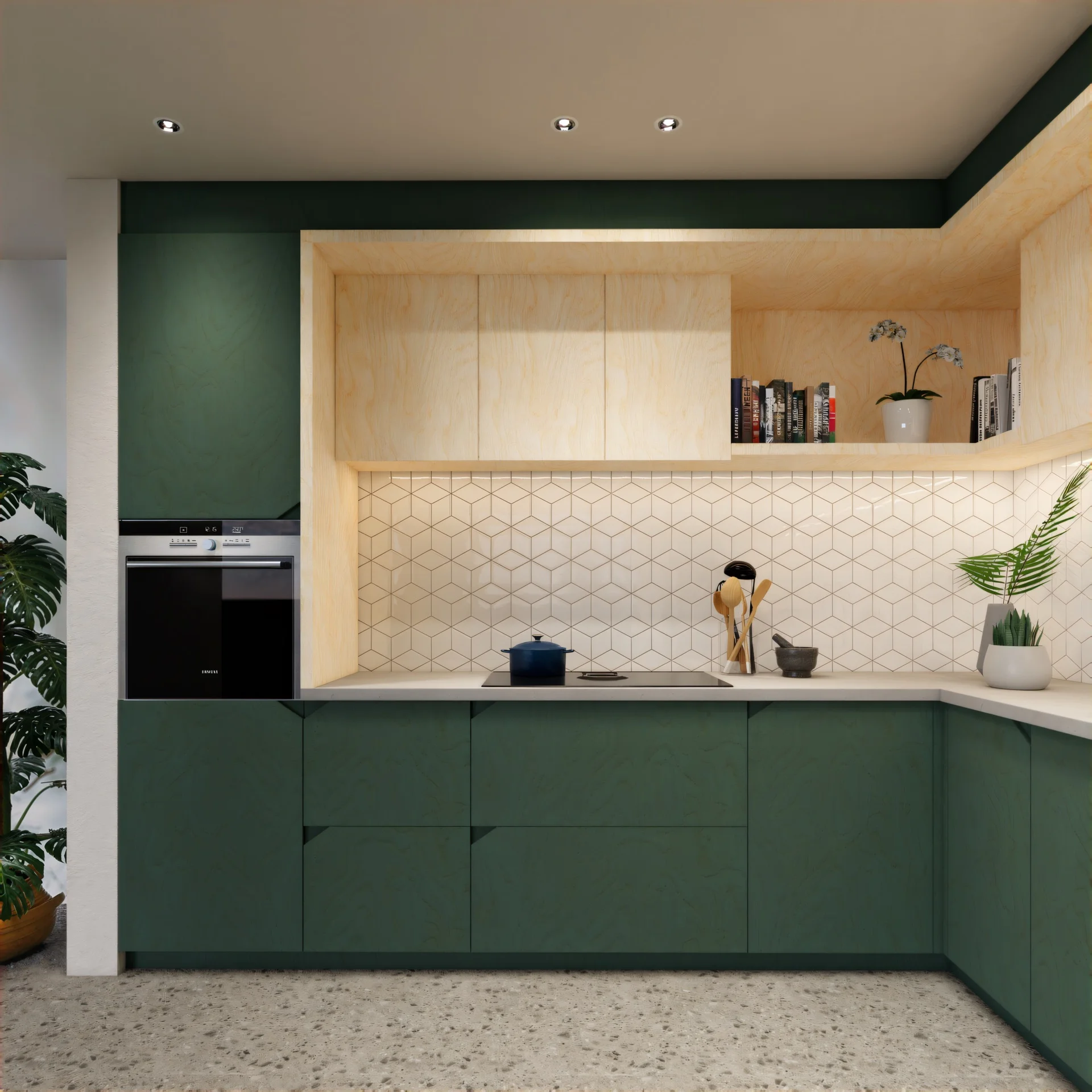 Groene keuken op maat met multiplex bovenkasten