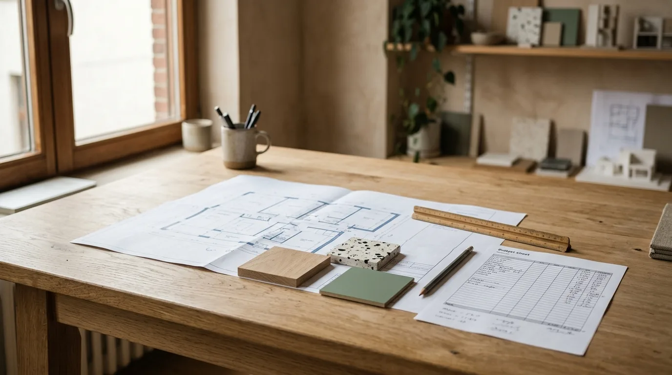 Werktafel met tekenmateriaal, budgetplan en interieurontwerp voor een renovatieproject