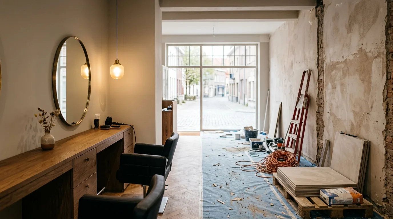 Kapsalon tijdens de renovatie: een afgewerkte werkplek met spiegel naast het nog kale deel met ladder en tegels