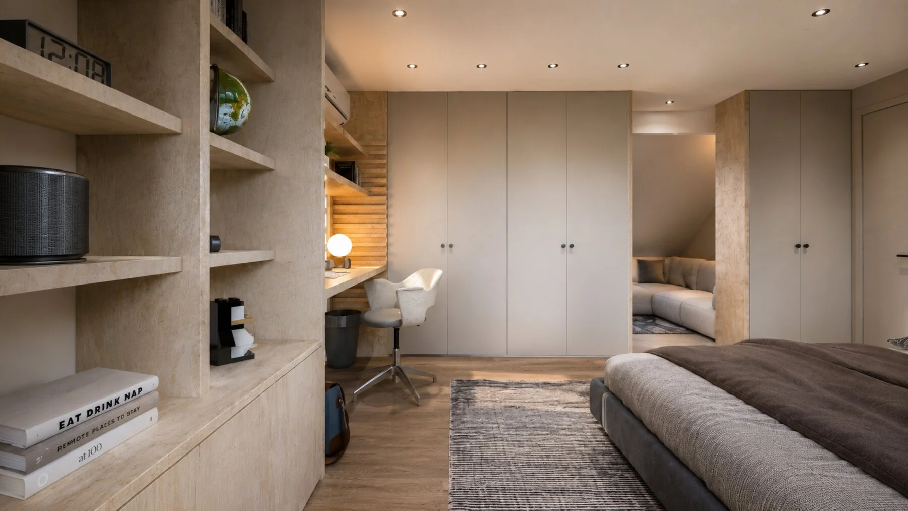 Slaapkamer met kastenwand op maat tot aan het plafond