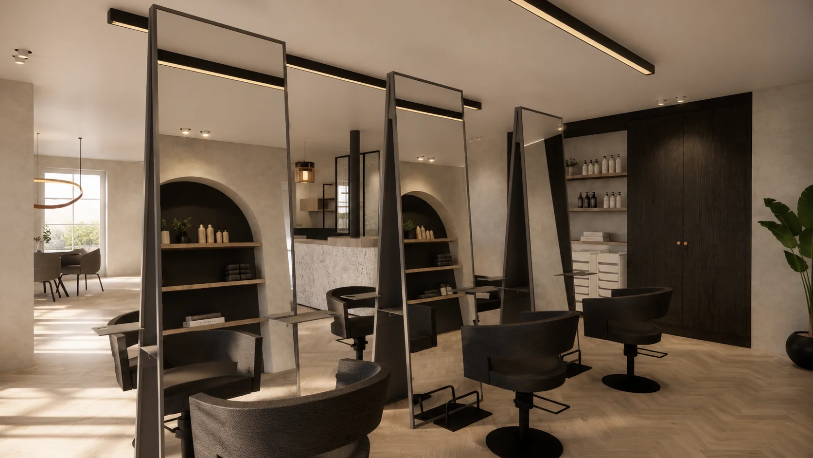 3D-render van een kapsalon met staande spiegels en kappersstoelen in Limburg
