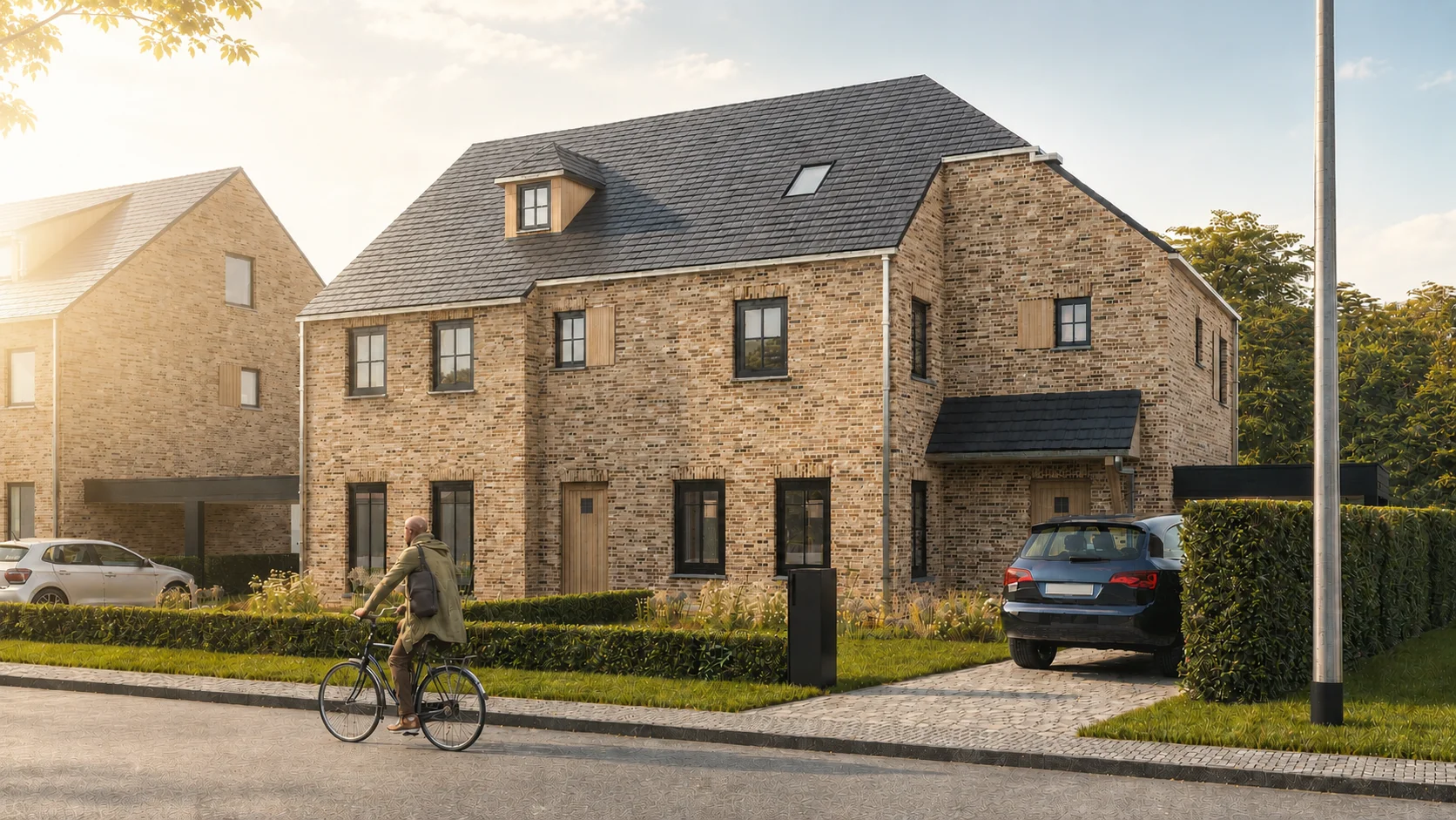 3D-visualisatie van halfopen woningen in pastorijstijl in Heusden-Zolder